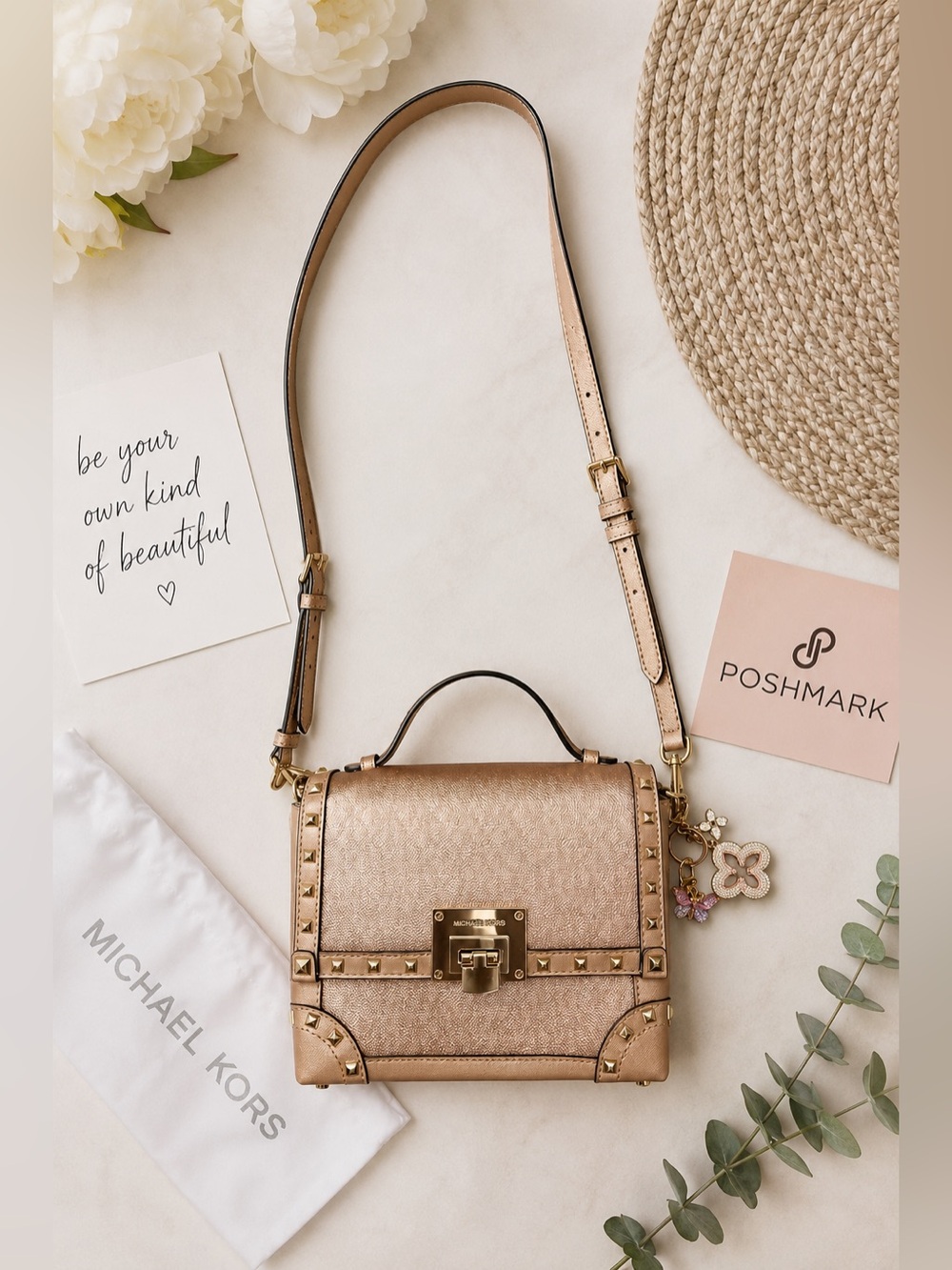 NWT Michael Kors Rose Gold Studded Crossbody Satchel w/ Clover & Butterfly Charm